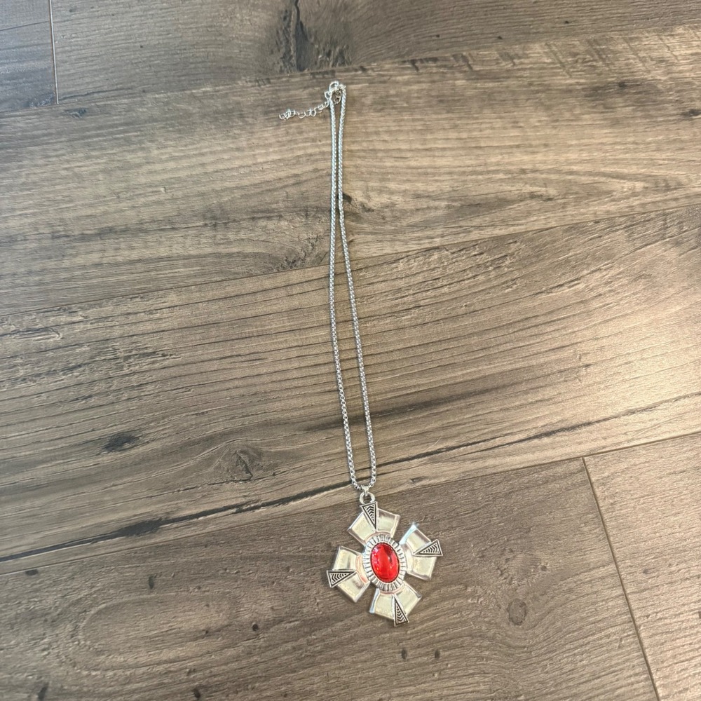 Silver Tone Gothic Flare Cross Pendant Necklace with Red Faux Gemstone Costume